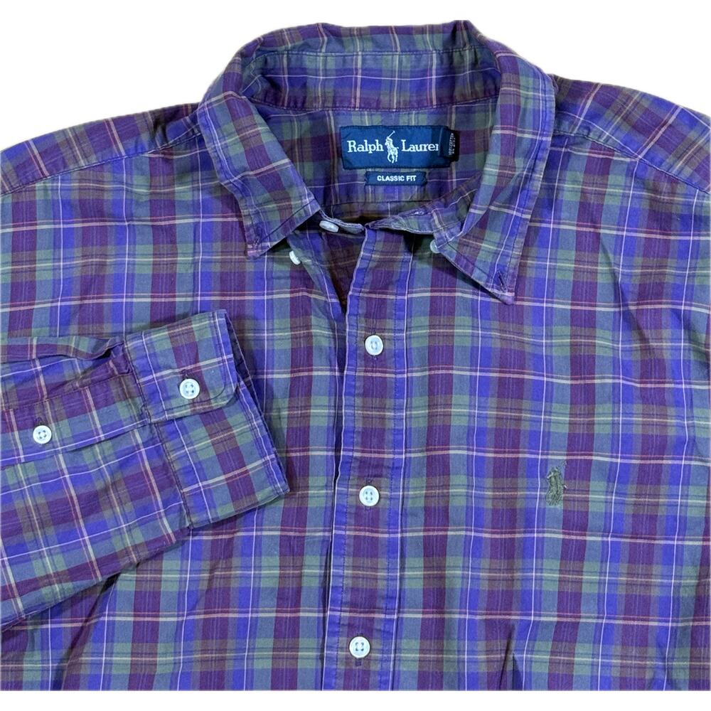 Ralph Lauren Plaid Button Down Mens‎ XL Purple Green Classic Fit Preppy Academic